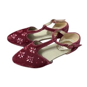 Joyfolie Pink Velvet T-Strap Shoes with Floral Embroidery, Size 1, EUC,‎ Dressy
